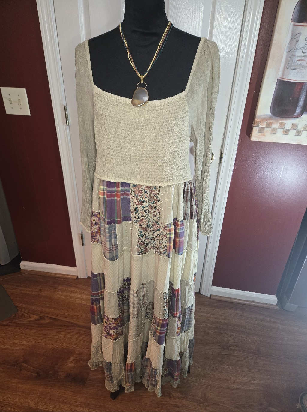 Boho Patchwork Maxi Dress With Knit Bodice - Cream & Plaid
